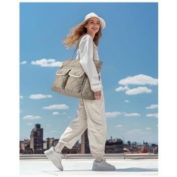 Grayish-brown Women's Multi-Pocket Tote Bag - Large Quilted Travel Handbag for Work, Gym, and More