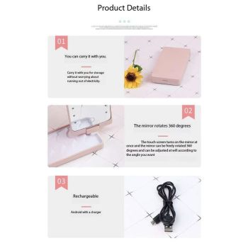 2-Piece Pink Portable LED Makeup Mirror with Brush - Foldable, Rotatable, and Rechargeable Travel Vanity Mirror