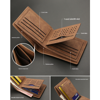 2-Piece Brown Men's Vintage Style Bifold Wallet | High-Capacity PU Leather with Removable Card Holder & Zip Coin Pocket