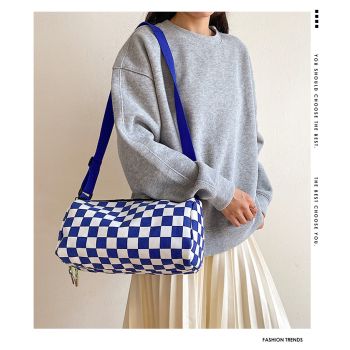 Blue Trendy Checkerboard Boston Bag - Casual Crossbody Shoulder Purse with Wide Strap