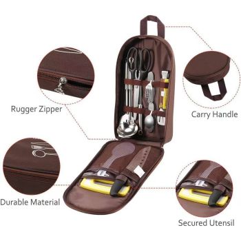 Brown Portable Camping Kitchen Utensil Organizer - Travel Cookware Storage Bag for BBQ & Picnics