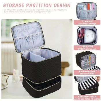 Black Professional Nail Polish Organizer Case for 30 Bottles & UV Lamp - Double-Layer Travel Storage Bag