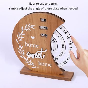 Moon Style Rustic Wooden Perpetual Calendar - Reusable Rotating Desk & Tabletop Decor