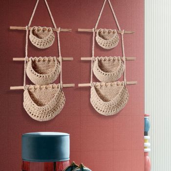 Single-layer hemp rope style Bohemian Hanging Fruit Basket – Wall-Mounted Woven Storage Net Pocket for Kitchen & Home Decor
