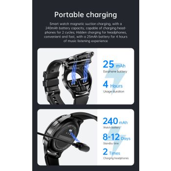 2-in-1 Smartwatch with Built-in TWS Earphones - IP67 Waterproof, Health Monitoring & CNC Metal Design(Silver rubber)