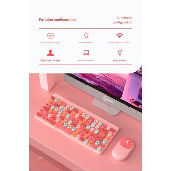 Wireless Keyboard & Mouse Combo - Retro Round Keycaps, 2.4GHz Ergonomic Design(pink)