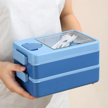 2L Double-Layer Bento Lunch Box - Leak-Proof with Utensil & Sauce Container(Grey)