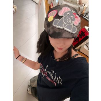 Cute Elephant Applique Beret Hat - Soft Fabric, Adjustable Fit, Retro Newsboy Cap(blue)