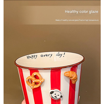 Charming Striped Ceramic Instant Noodle Bowl with 3D Accents & Happy every day!" Message(blue)"