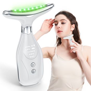 Multi-Function Facial & Neck Massager with LED Light Therapy, EMS & Warm Import - Rechargeable Skin Care Device(White)