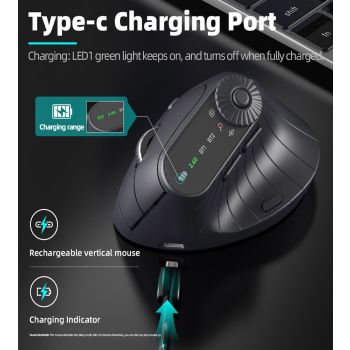 Ergonomic Vertical Mouse - 2.4G/Bluetooth Multi-Mode, LED Display, 57-Degree Angle, & 400mAh Battery(Black)