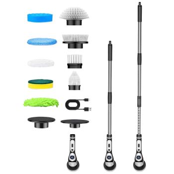 Multi-Functional Electric Spin Scrubber with Voice Broadcast, 9 Heads, Adjustable Extension Handle & LED Display(Black and White)