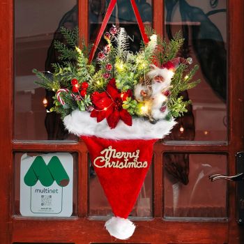 Illuminated Santa Hat Door Hanger with Holiday Greenery & Berries - Christmas Wall Decor(red)