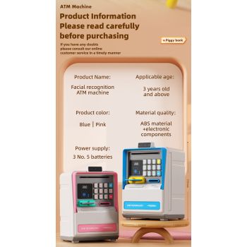 Kids Electronic ATM Piggy Bank with Simulated Facial Recognition & Password - Auto Roll-in Banknote & Coin Money Box for Financial Learning(blue)