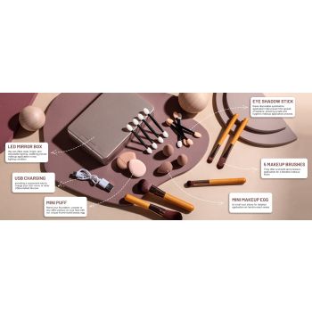 All-in-One Portable Makeup Brush Kit with LED Mirror Travel Case, Sponges & Applicators(pink)