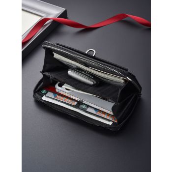 Black Classic Long Zipper Wallet Clutch - Large Capacity PU Leather Phone & Card Holder with Wrist Strap