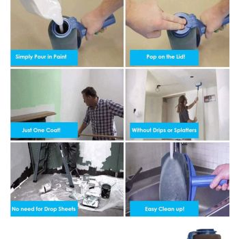 Dark Blue and Grey Pro Refillable Paint Roller Set with Extension Pole - No-Drip Easy Fill Wall Painting Tool Kit