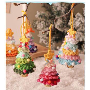 2 Pcs Style A Yellow and Pink Handmade Crochet Christmas Tree Ornament - Festive Hanging Decoration with Jingle Bell