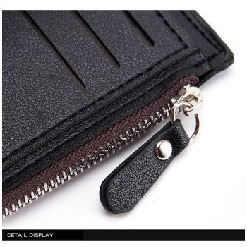 Brown Men's Slim Vertical Bifold Wallet - PU Leather Card Holder with Zipper Coin Pocket and ID Window