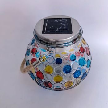Colorful White Light Mosaic Solar Lantern - Decorative Stained Glass Jar Light for Garden Patio and Tabletop Decor