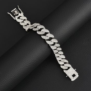 Silver 16mm Iced Out Cuban Link Bracelet - Heavy Paved Rhinestone Hip Hop Chain for Men