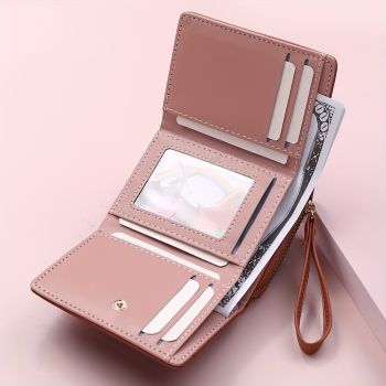 Brown Chic Compact Trifold Wallet for Women - PU Leather Card Holder with Zipper Coin Purse & Wristlet Strap