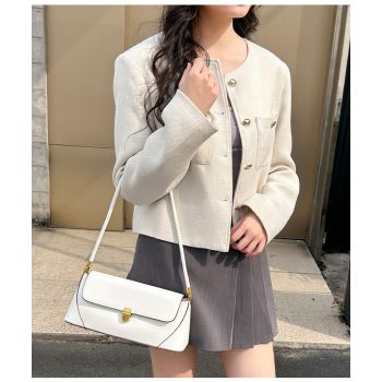 Beige Elegant Vintage Baguette Shoulder Bag - Chic PU Leather Underarm Purse with Gold Clasp
