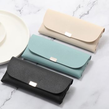 Beige Sleek PU Leather Eyeglass Pouch Set (3-Pack) - Slim Protective Case for Sunglasses