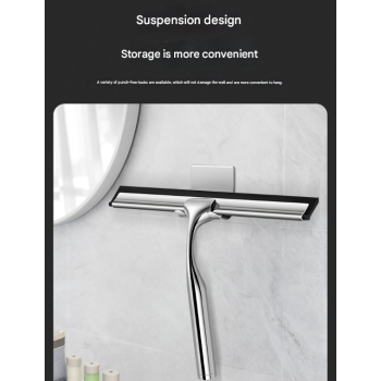 Silver Premium Stainless Steel Shower Squeegee with Adhesive Hook Holder - Streak-Free Blade for Glass Doors, Windows & Mirrors