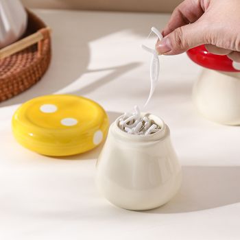 Red Stylish Mushroom Ceramic Toothpick Holder and Cotton Swab Jar for Home Kitchen Table Decor(Excluding cotton swabs, dental floss, etc.)