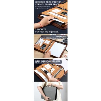 Professional PU Leather A4 Portfolio Binder with Zipper, Handle, Calculator & Clipboard(black)