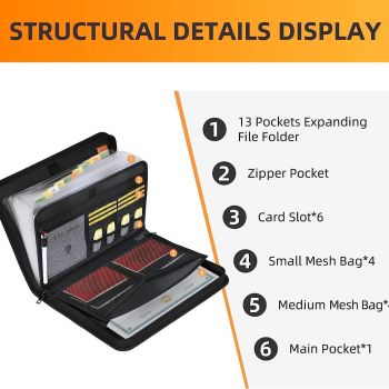 Fireproof & Waterproof Expanding File Folder Organizer with Zipper - Large Capacity Document Safe Bag(Black no-handle model)