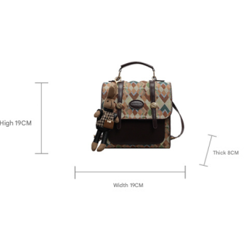 Khaki Vintage Geometric Print Convertible Mini Backpack - 3-Way Satchel with Cute Bunny Charm