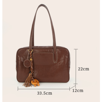 Large Size Coffee Brown Vintage Genuine Split Leather Bowling Bag for Women - Retro Top Handle Satchel & Crossbody Purse