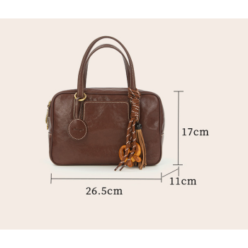 Small Size Coffee Brown Vintage Genuine Split Leather Bowling Bag for Women - Retro Top Handle Satchel & Crossbody Purse