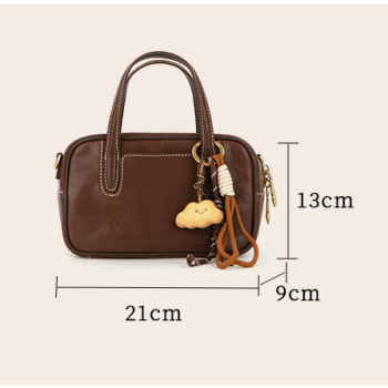 Mini Size Brown Vintage Genuine Split Leather Bowling Bag for Women - Retro Top Handle Satchel & Crossbody Purse