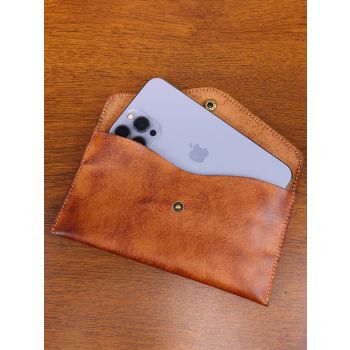Coffee Vintage Japanese Style Full-Grain Leather Phone Wallet - Slim Envelope Clutch for Women