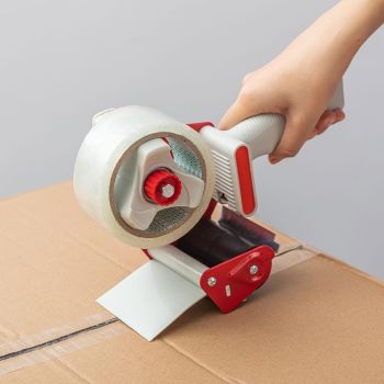 Red Heavy Duty 2 Inch Packaging Tape Gun - Industrial Grade Metal Housing with Adjustable Tension Brake and Ergonomic Handle for Easy Shipping