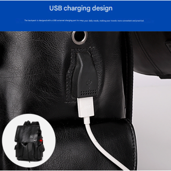 Black Men's Fashion PU Leather Backpack - Large Capacity 42cm Laptop Rucksack for University, Travel and Casual Business Use