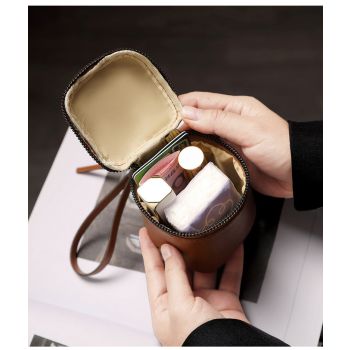 Brown 2 Pack Mini PU Leather Cube Cosmetic Bag - Portable Travel Pouch for Lipstick, Coins and Jewelry - Compact Storage with Wrist Strap 8x7.5cm