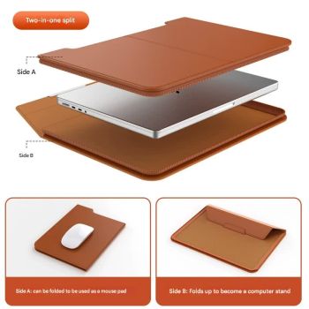 3-in-1 Detachable PU Leather Laptop Sleeve with Ergonomic Stand & Mouse Pad(brown  13/14 inch)