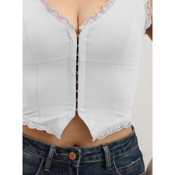 2-Pack White French Vintage Lace Splice Camisole(M Size) - Slim Fit Halter Top with Back Detail and Button Placket