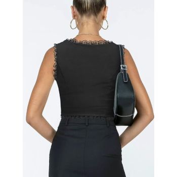 2-Pack Black French Vintage Lace Splice Camisole(M Size) - Slim Fit Halter Top with Back Detail and Button Placket