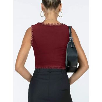 2-Pack Red French Vintage Lace Splice Camisole(2XL Size) - Slim Fit Halter Top with Back Detail and Button Placket