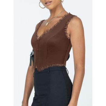 2-Pack Brown French Vintage Lace Splice Camisole(XL Size) - Slim Fit Halter Top with Back Detail and Button Placket