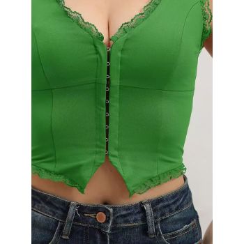 2-Pack Green French Vintage Lace Splice Camisole(L Size) - Slim Fit Halter Top with Back Detail and Button Placket