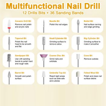 White Cordless Electric Nail Drill Kit - Portable Manicure Pedicure Polisher with 12 Bits