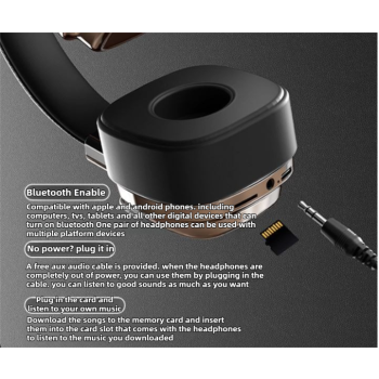 Black & Sliver Stylish Retro Wireless Bluetooth & Plug Hi-Fi Stereo Headphones - Glowing LED Gaming Sports Over-Ear Headset with 10m Range, TypeC-Charging