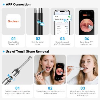 Black Wireless Visual Ear Wax & Tonsil Stone Remover with HD Endoscope Camera - 2-in-1 Oral & Ear Care Cleaner for iOS & Android