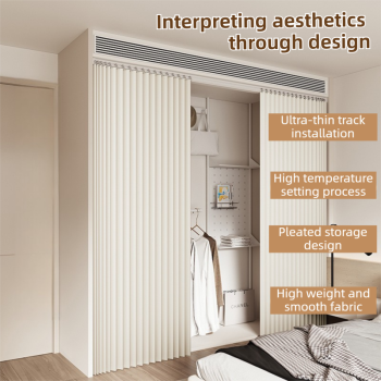 100 X 180 CM White Linen-Look Dust Drill-Free Pull-Curtain - Folding Doorless Closet Divider with Magnetic Closure & Hanging Rings